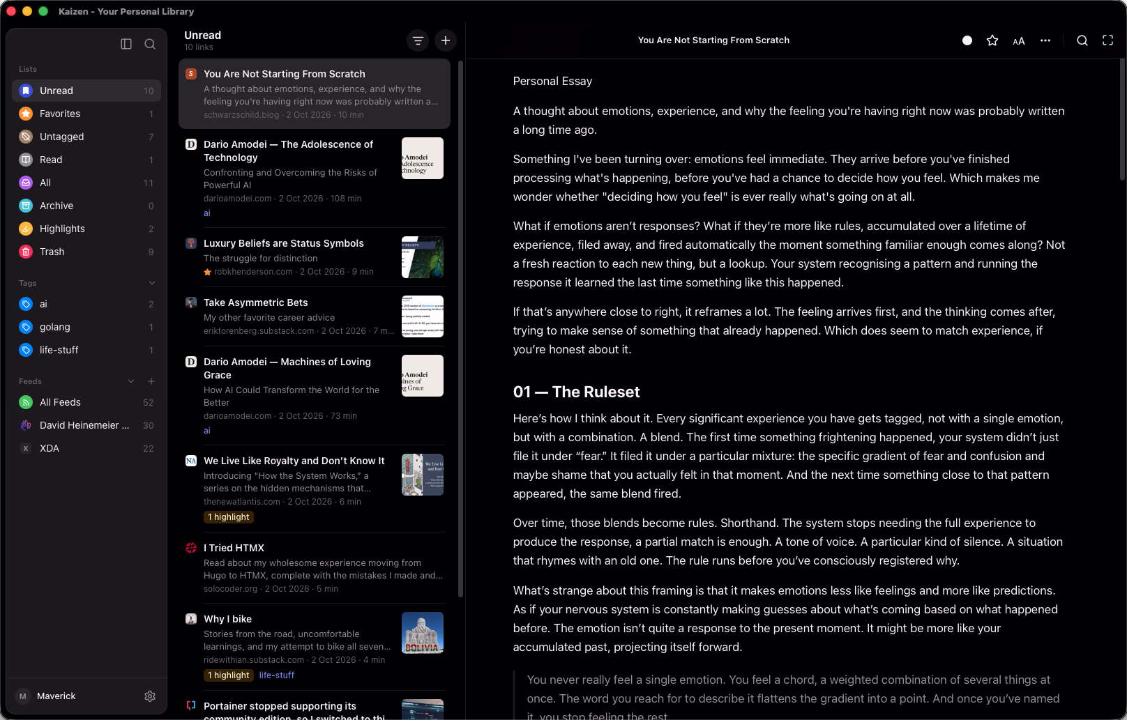 Kaizen on macOS in its dark theme: lists and tags in the sidebar, ten unread links with thumbnails in the middle, and the essay “You Are Not Starting From Scratch” open in the reader.