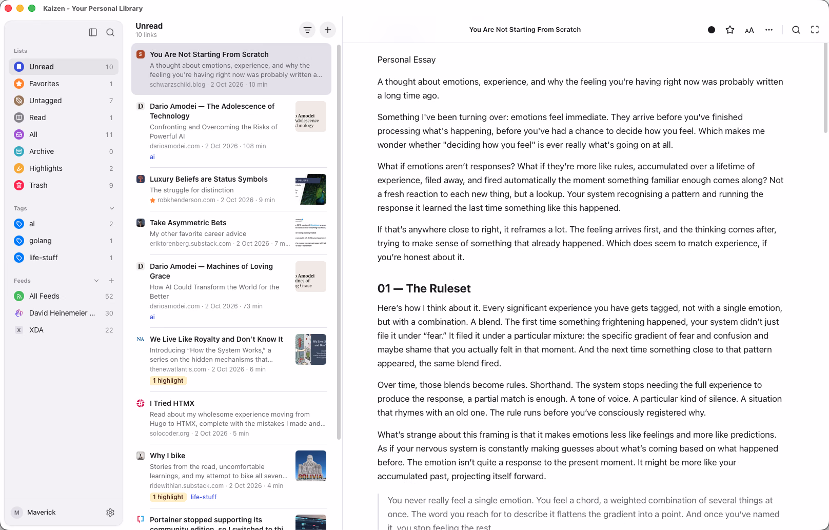 Kaizen on macOS in its light theme: lists and tags in the sidebar, ten unread links with thumbnails in the middle, and the essay “You Are Not Starting From Scratch” open in the reader.
